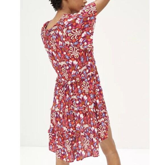 ANTHROPOLOGIE Robin Tiered Mini Dress Red Pink‎ Purple Ruffle VNeck Geo Sz L - Picture 3 of 11